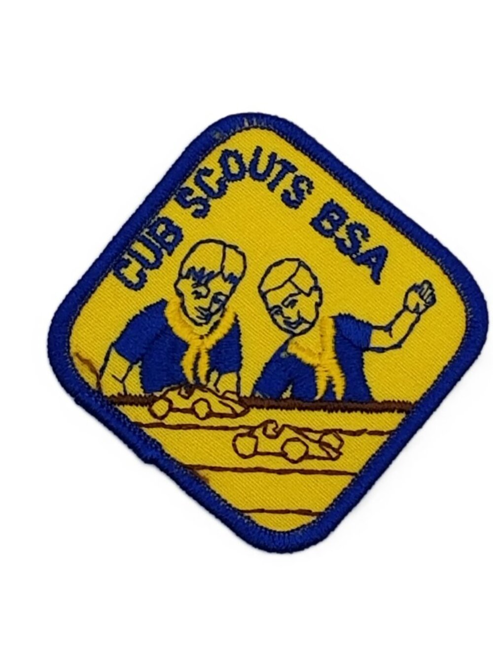 Vintage Cub Scout Pinewood Derby Patch BSA Yellow Blue Race Car NOS